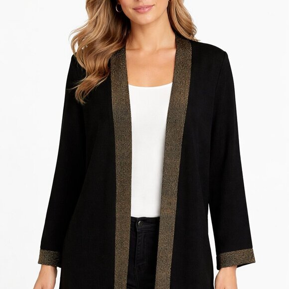 Eileen Fisher Sweaters - Eileen Fisher Open Front Cardigan Size Medium Black Gold Long Sleeve Dressy